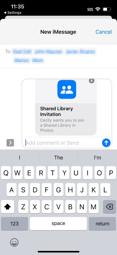 iPhone screenshot of Shared Library invitation in a group message