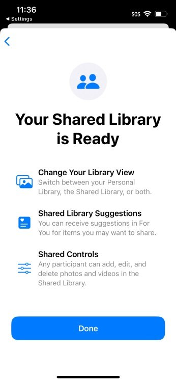 iPhone screenshot of finished Shared Library setup depicting additional details about navigating the feature.