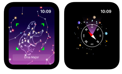 Apple Watch screen capture of a purple night sky with constellations, and a compass overlaid over planets and stars.