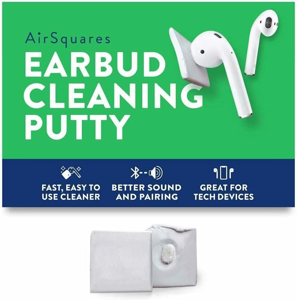 Green graphic with words "Earbud cleaning putty" near a pair of white AirPods.