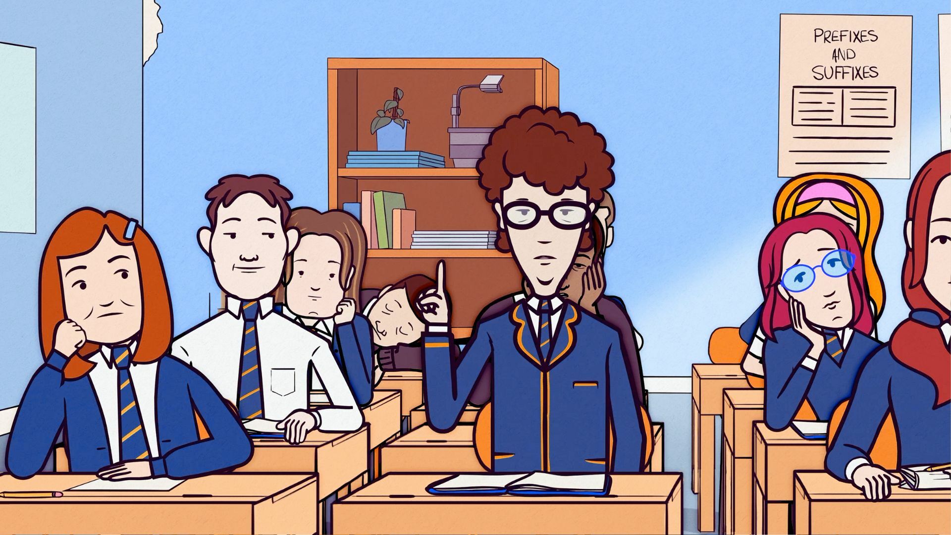 An animated Brandon Lee raises his hand in a classroom in "My Old School."