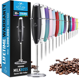 Zulay premium milk boss milk frothers in various colors with coffee beans