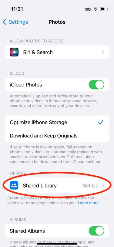 iPhone screenshot of Photos settings showing the Shared Library button