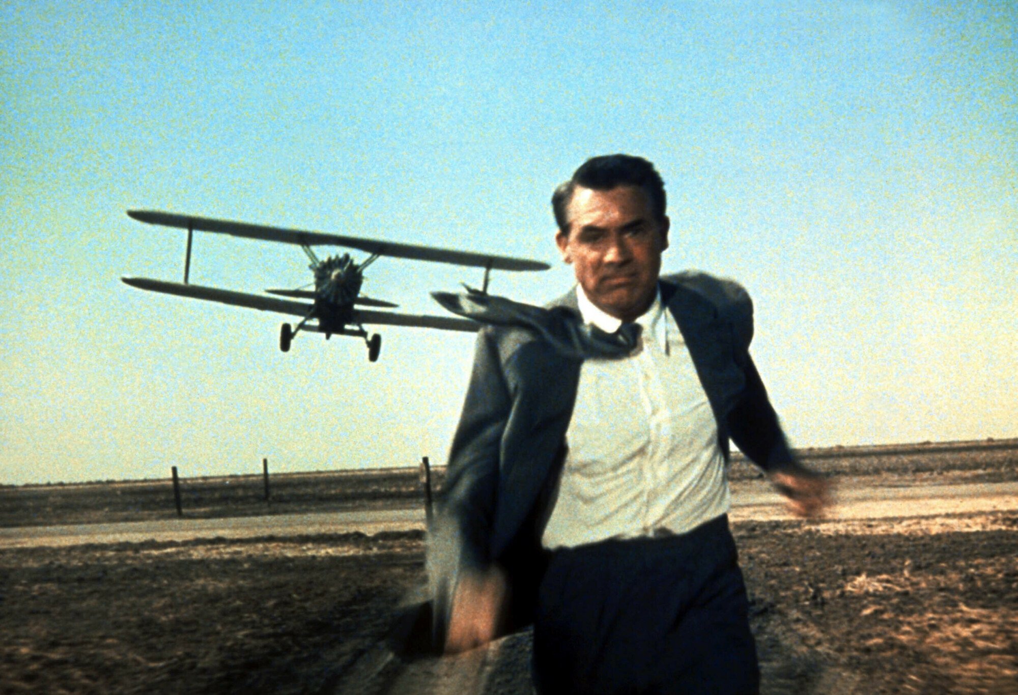 Cary Grant runs from an airplane in "North by Northwest."