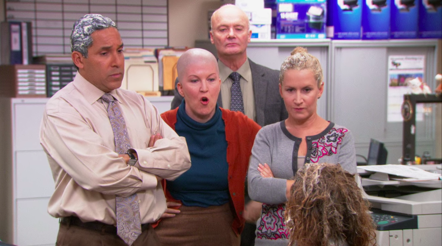 Mayo-covered Oscar, a bald Meredith, bald Creed (as per usual) and a mayo-slathered Angela in the office.