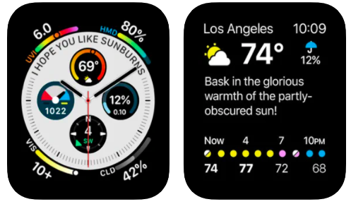 Apple Watch screen capture of a watch face with temperature, humidity, and time info. Second screen shows a snarky message relaying the weather. 