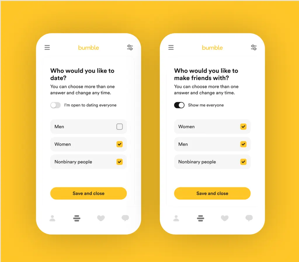 screenshots of gender search options on bumble date and bumble bff