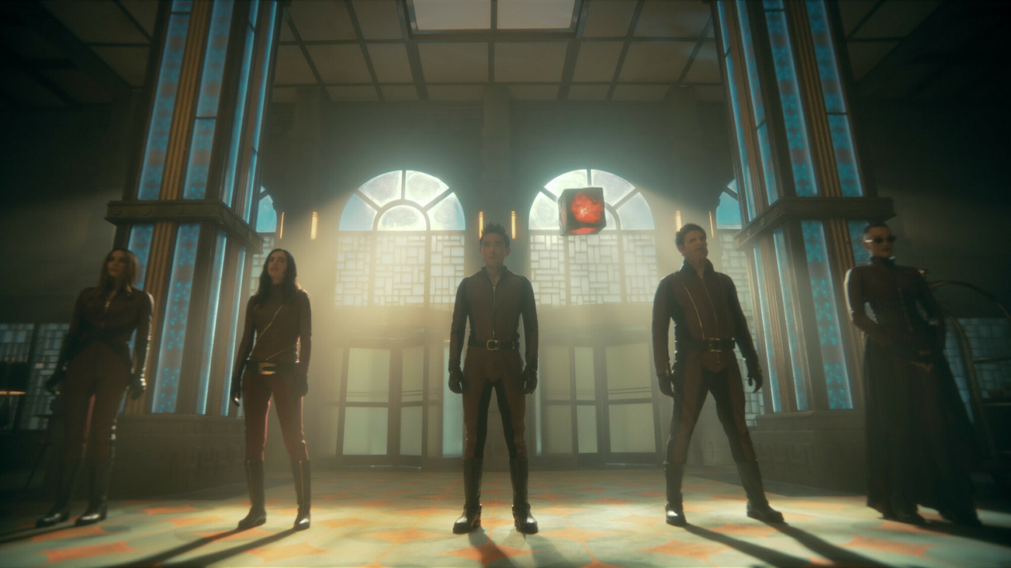 Genesis Rodriguez as Sloane, Cazzie David as Jayme, Justin H. Min as Ben Hargreeves, Christopher, Jake Epstein as Alphonso, Britne Oldford as Fei in 'The Umbrella Academy.'