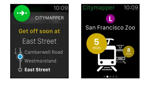 Apple Watch screen capture of public transit directions in San Francisco. 