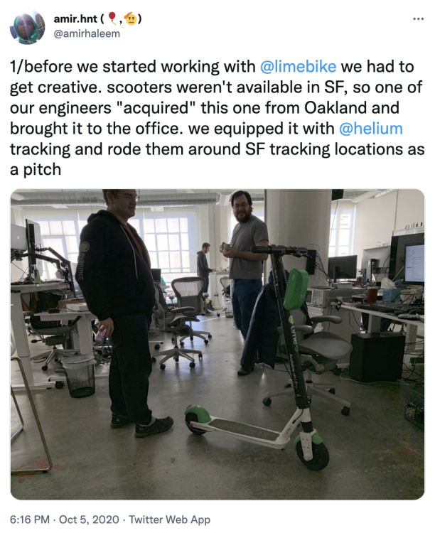 Helium CEO tweets about Lime