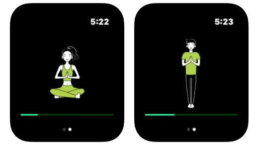 Apple Watch screen capture of an animated woman doing a seated yoga position on the left, and a standing position on the right. 