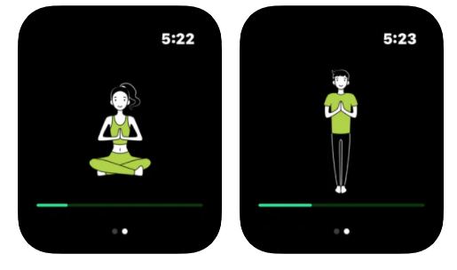 Apple Watch screen capture of an animated woman doing a seated yoga position on the left, and a standing position on the right.