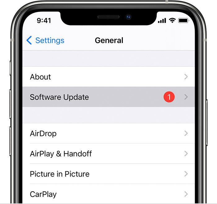 Screenshot of iPhone indicating there is a new iOS update available