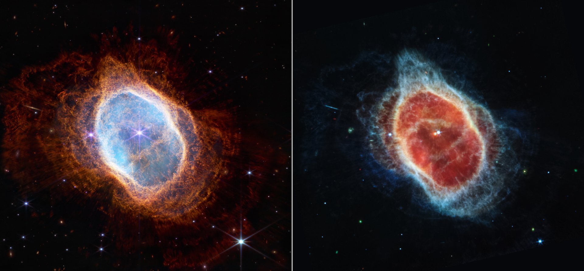 James Webb Telescope's image of vivid shells of gas and dust expelled into space by a dying star.