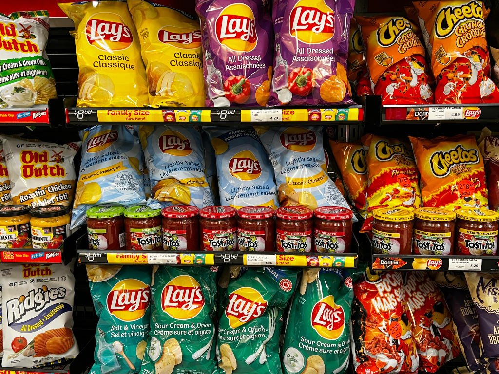 Bags of chips on a shelf