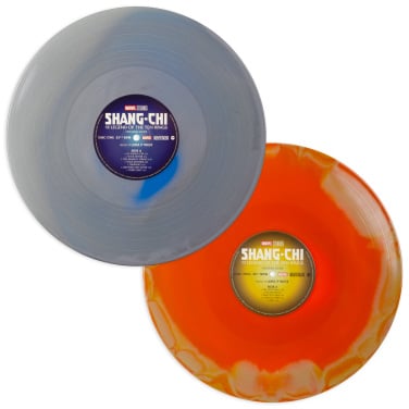 An image of the records in Marvel's Mondo-exclusive San Diego Comic-Con 2022 vinyl reissue of the "Shang-Chi and the Legend of the Ten Rings" soundtrack.