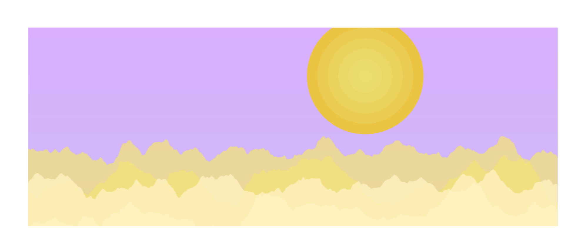 A landscape with a purple sky, bright yellow sun and muted yellow earth.