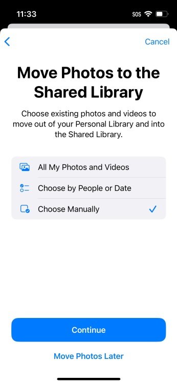 iPhone screenshot of options for moving photos to Shared Library