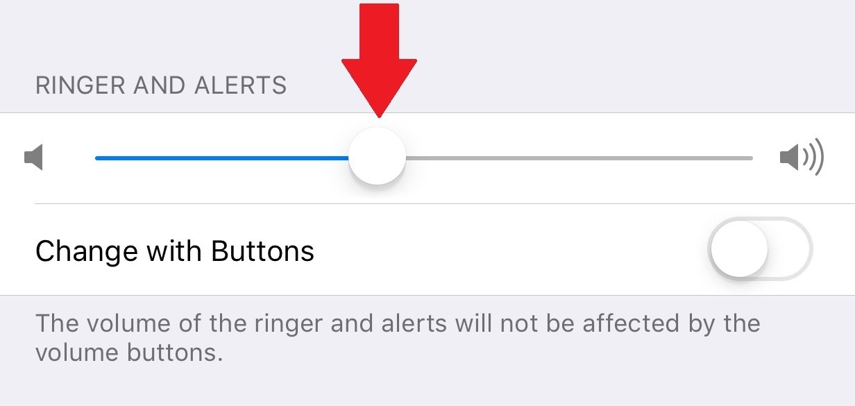 iPhone settings showing a slider bar for volume and a toggle next to "Change with Buttons."