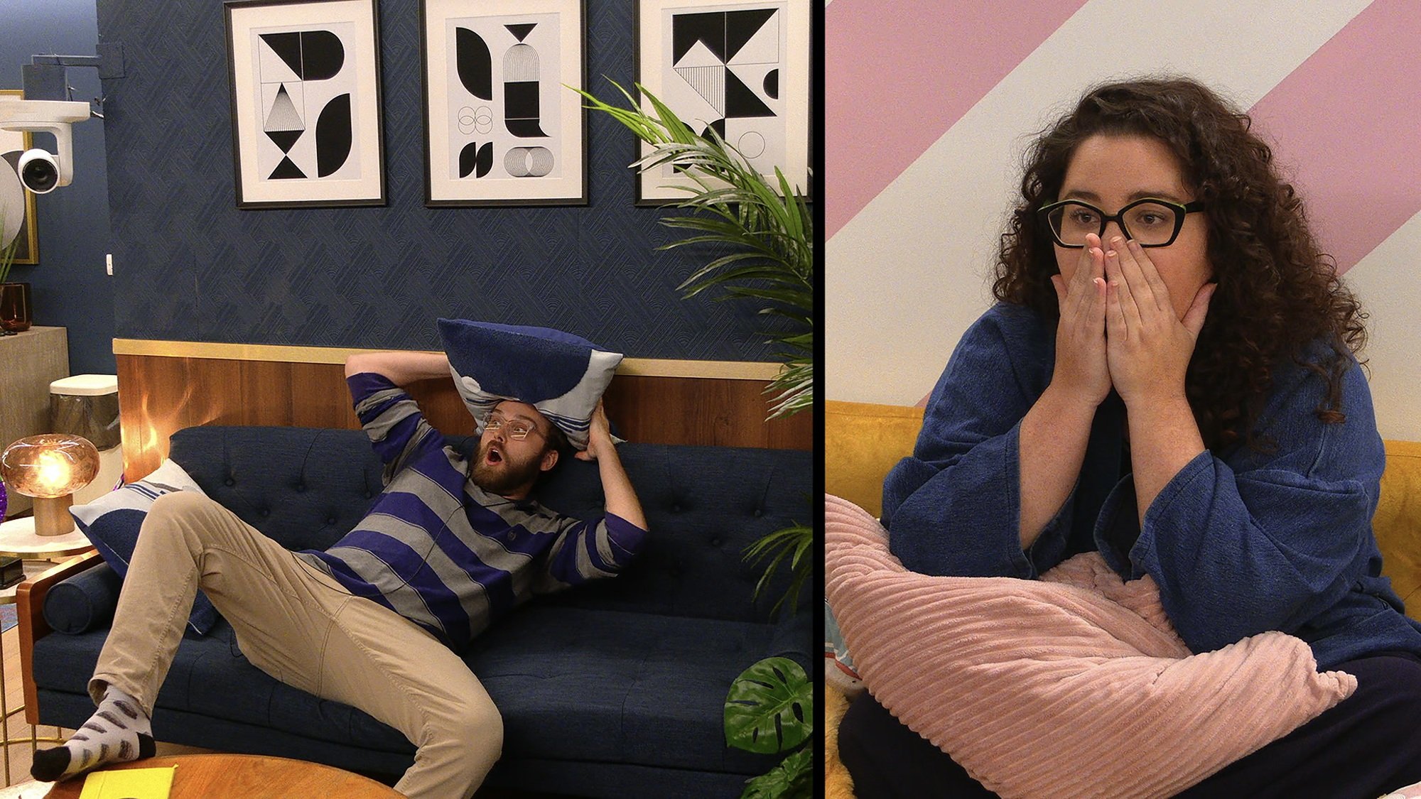 A split-screen view of one man freaking out on a couch and one woman clapping her hands over her mouth in surprise.