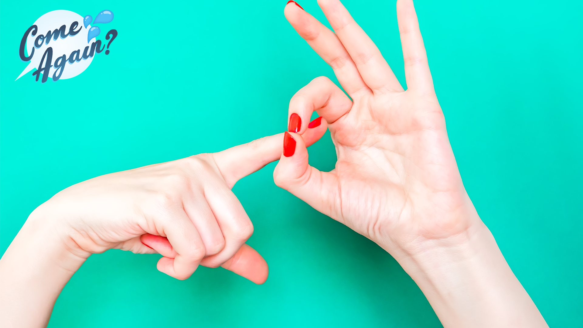 hands of a white woman with red nail polish making 'sex symbol' with hands, a circle with thumb and index finger and inserting other index finger