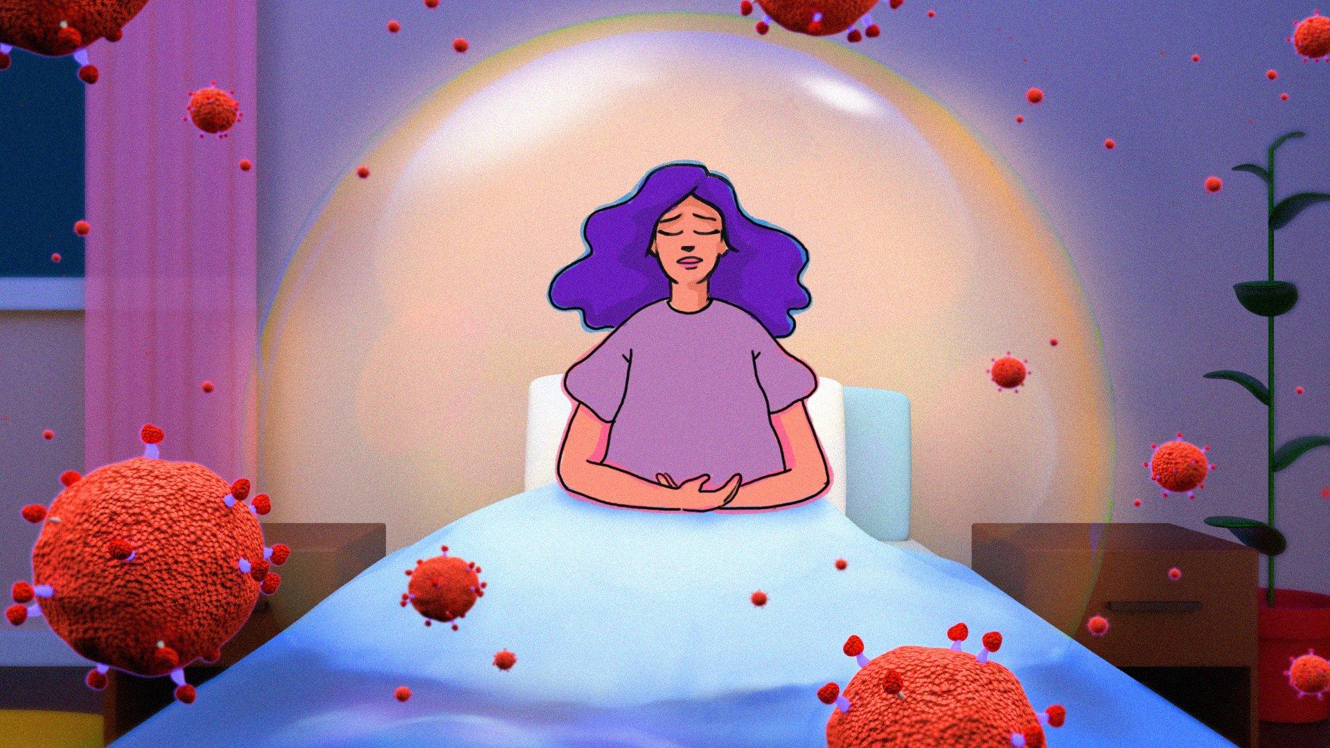 An illustration of a woman sitting upright in bed and meditating while sick with COVID.
