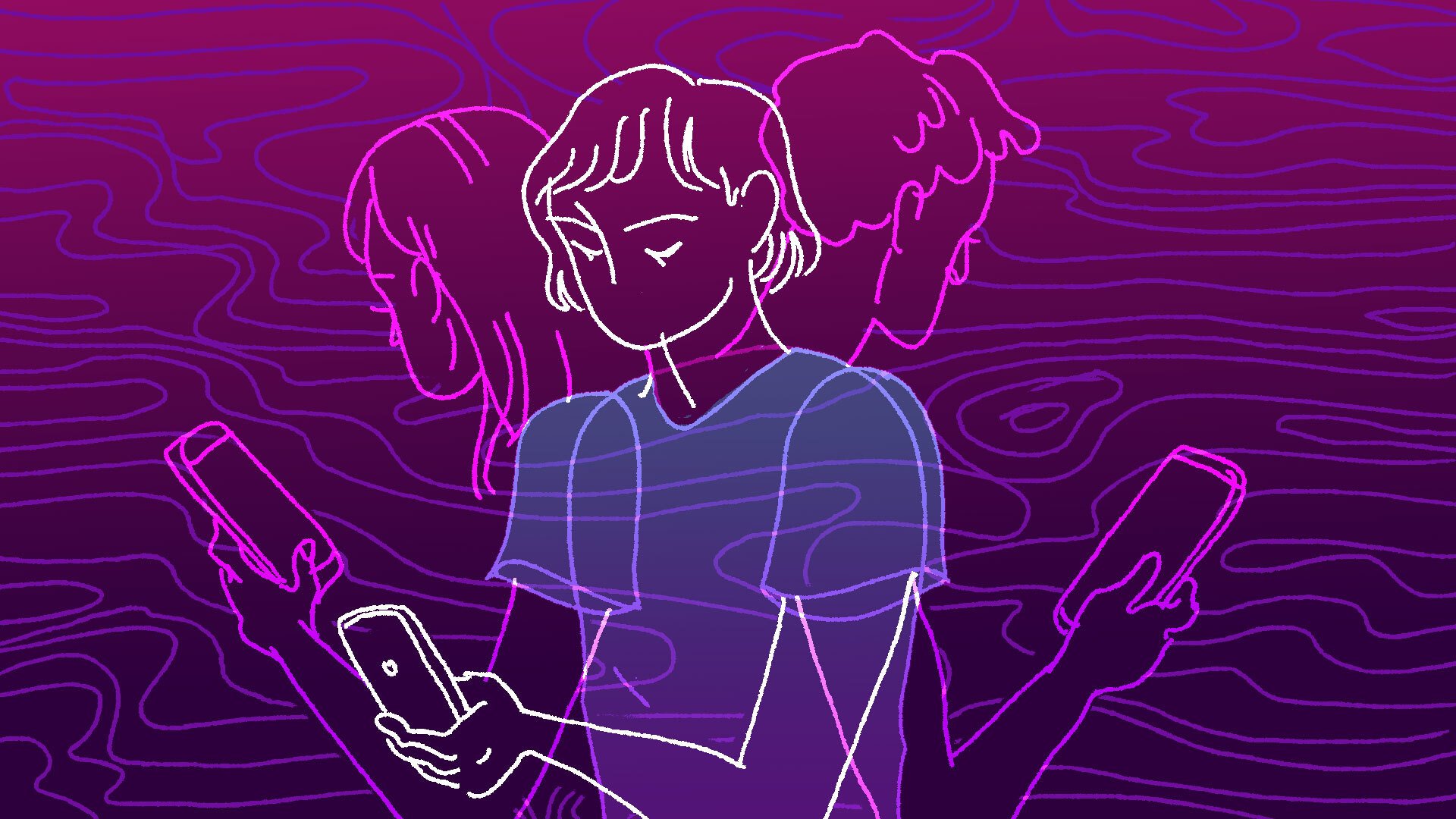 Illustration of a person holding a smartphone on a purple background.