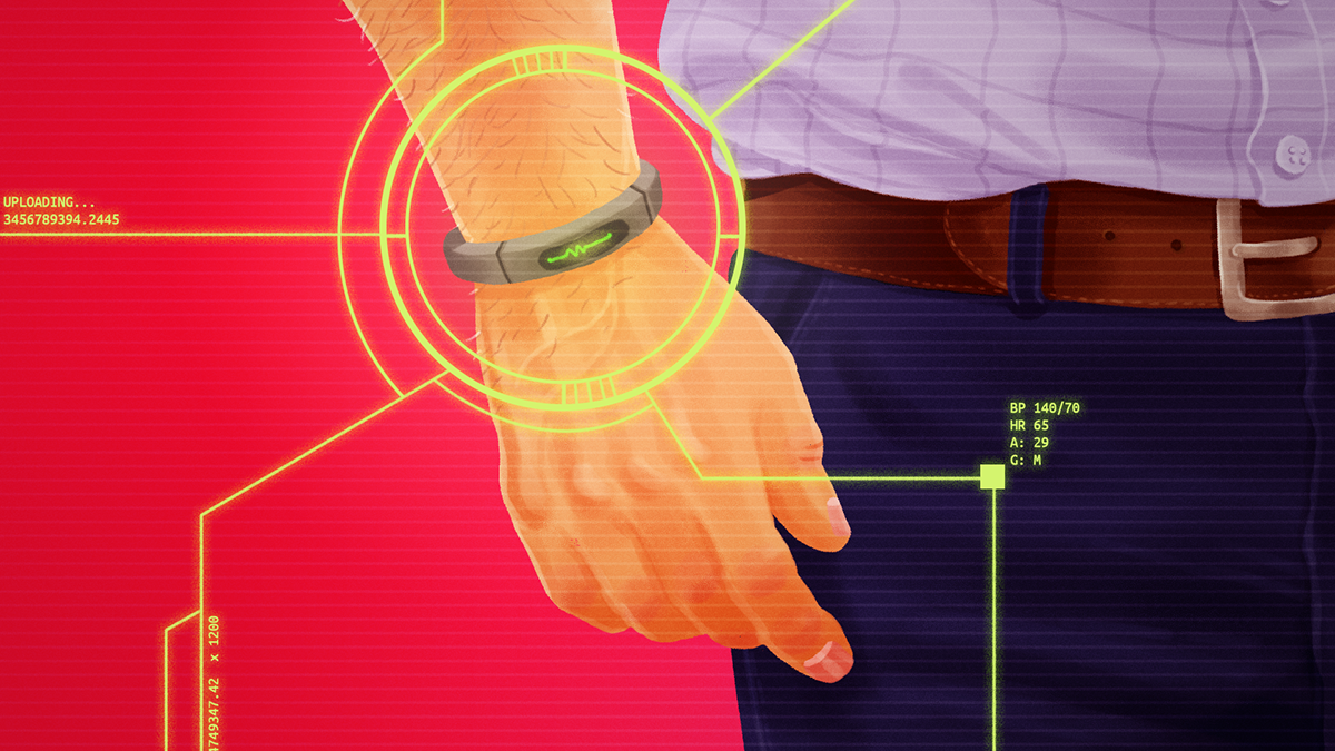 An illustration of a person wearing smart technology on their wrist.