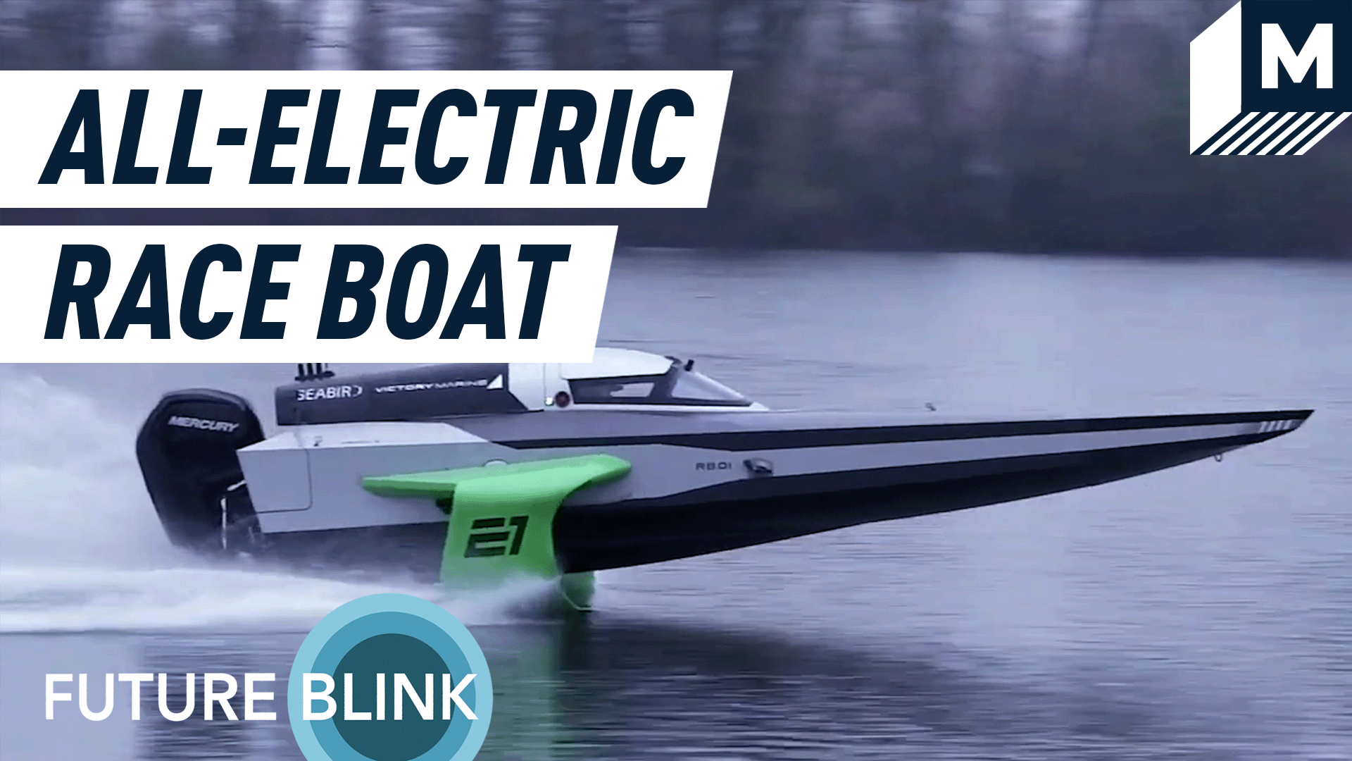 E1's Racebird all-electric race boat speeding on the water.