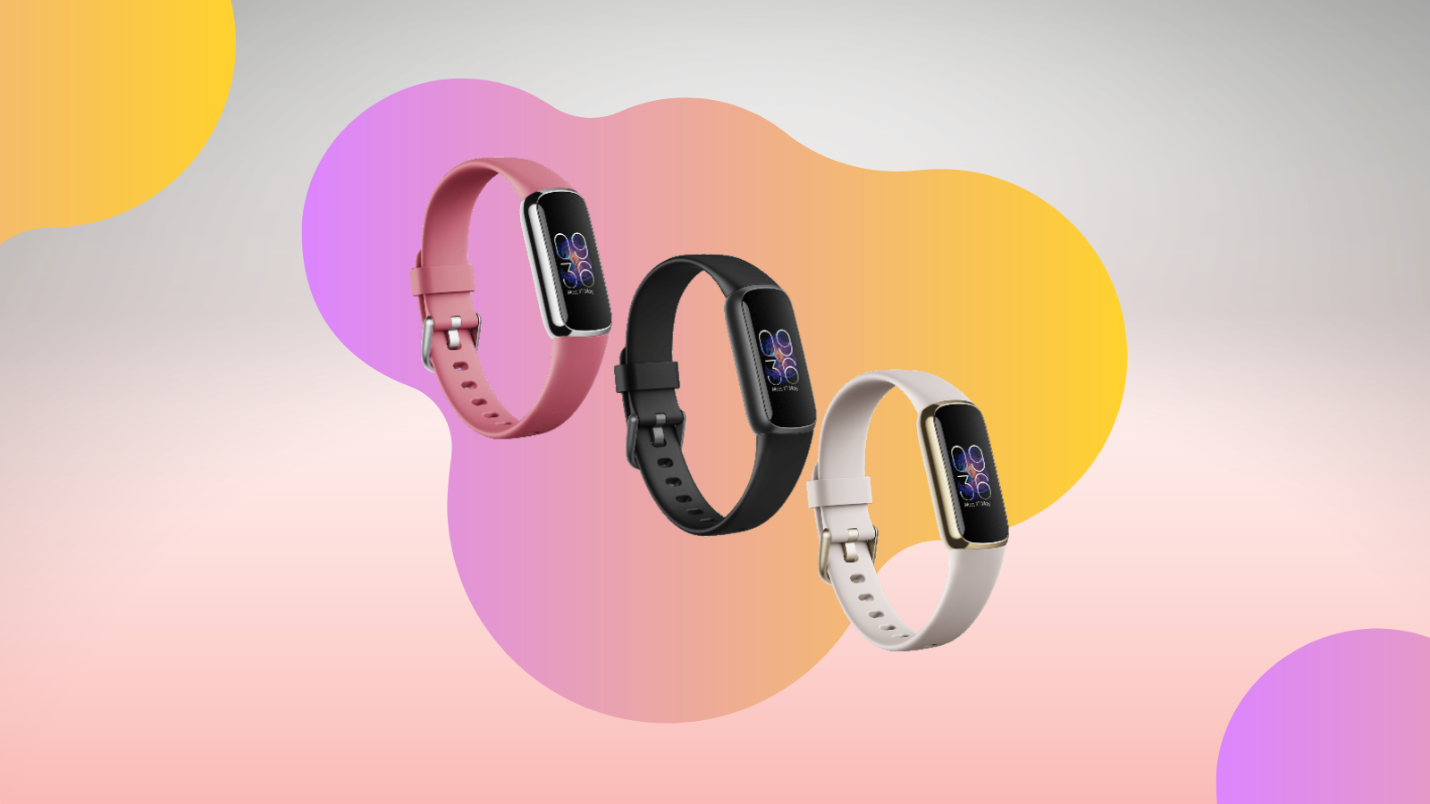 fitbit luxe fitness trackers in pink, black, and white against a pink, yellow, and gray background