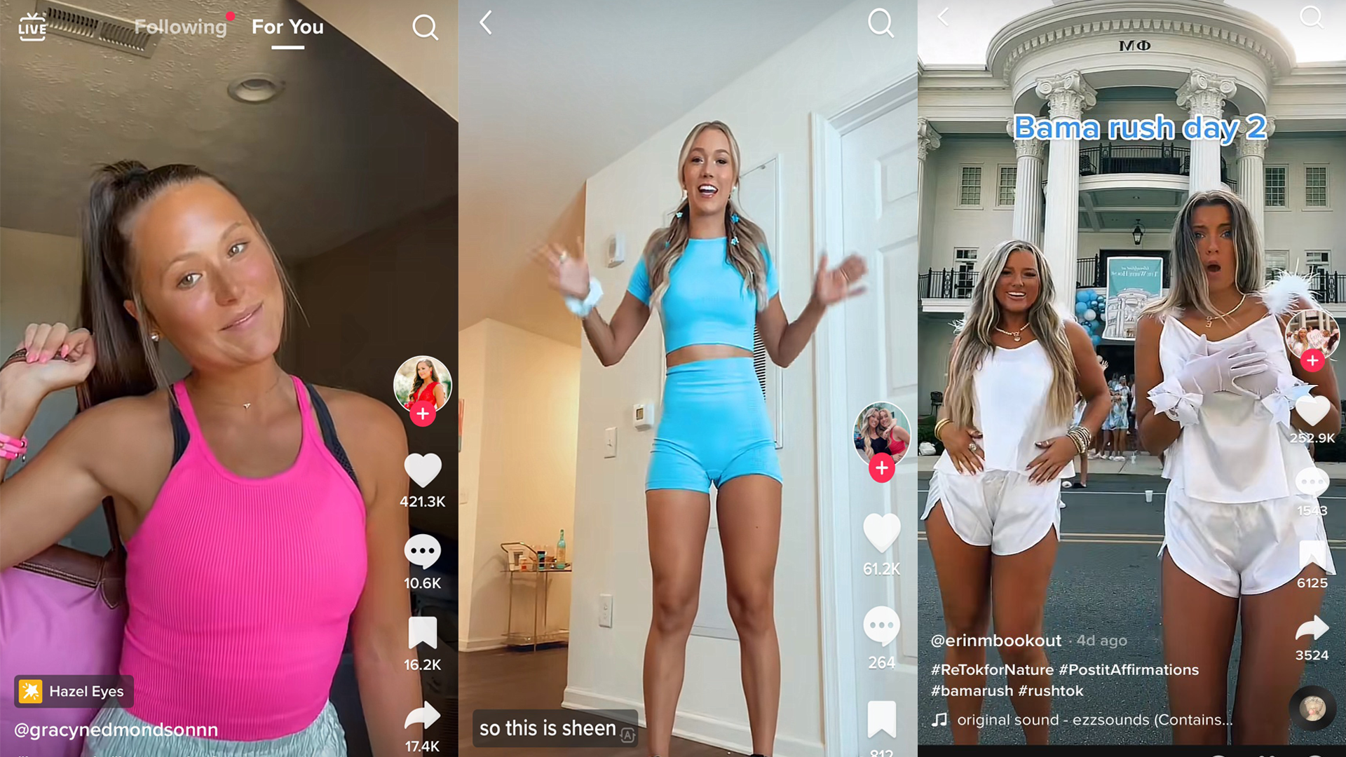 Composite of three TikTok screenshots showing blonde women showing off their outfits and bags as well as in front of a sorority house.