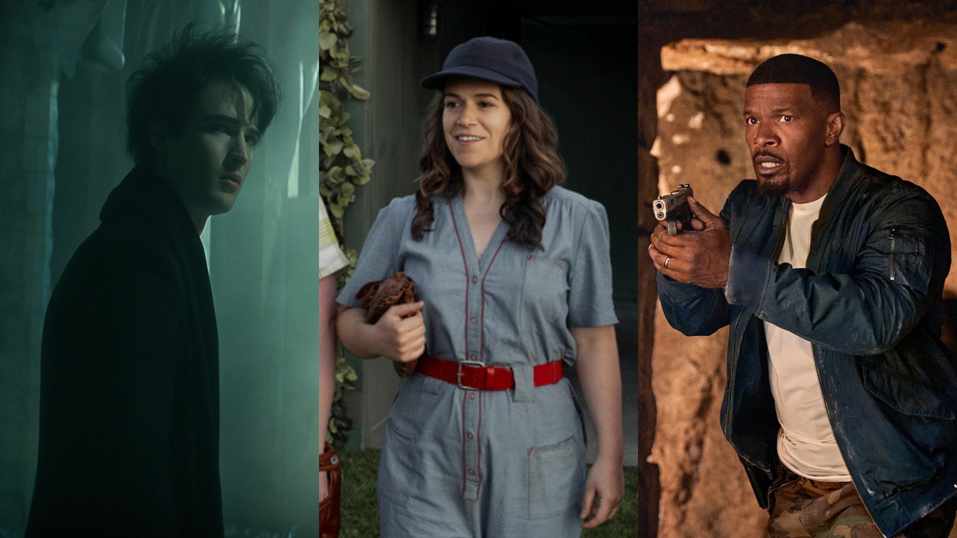 Three images from different TV shows and movies, showing a man in a black coat, a baseball player, and a man with a gun.