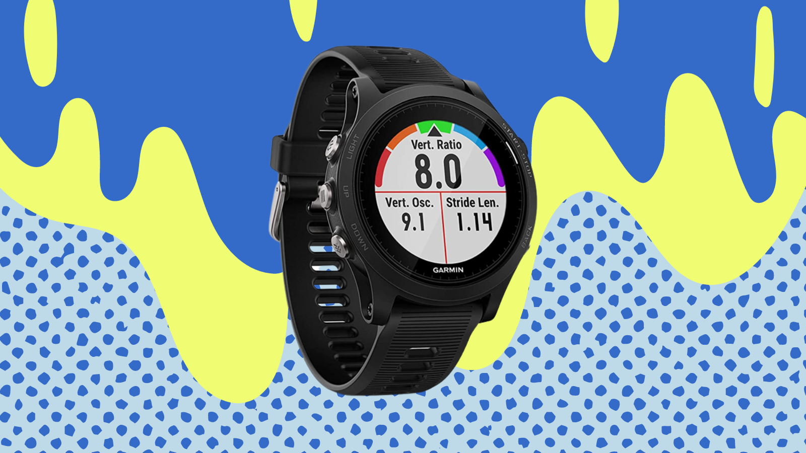 garmin forerunner 935 watch with running stats on screen and blue and yellow background