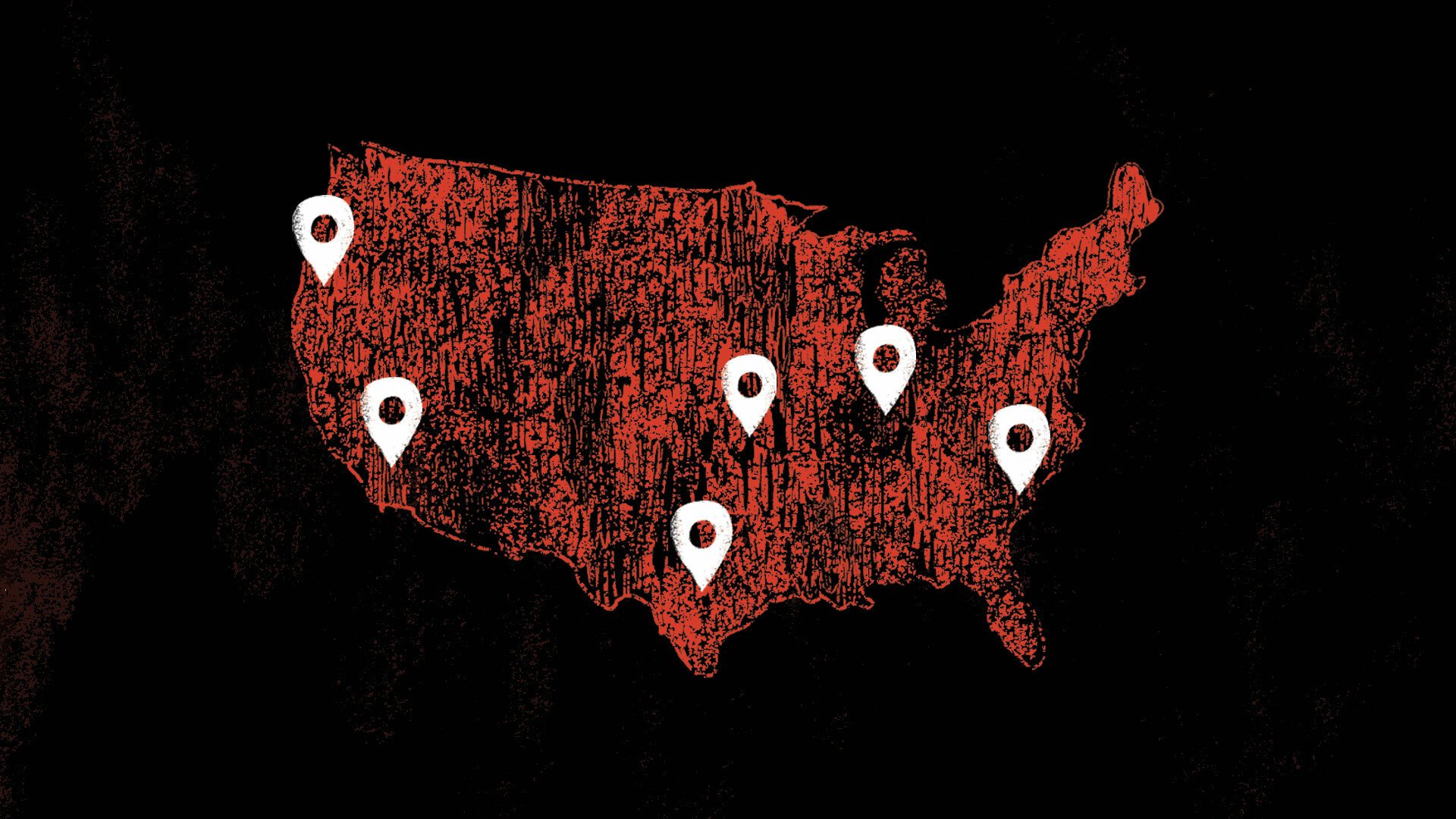 A rep map of the United States overlaid on a black background. White location markers are scattered across the map.