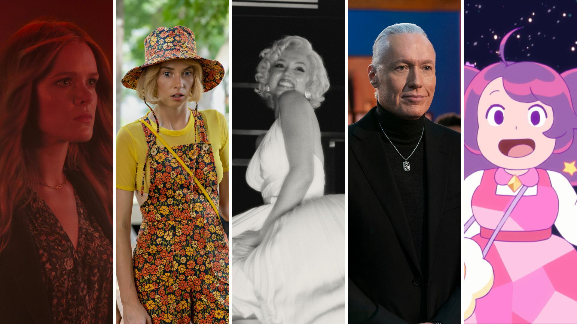 Five panels: a young woman bathed in fiery red light, a young woman in a flowery romper and hat, a smiling blonde woman in a billowing white dress, a man in a black suit with pulled back silver hair, a young girl in a pink dress.