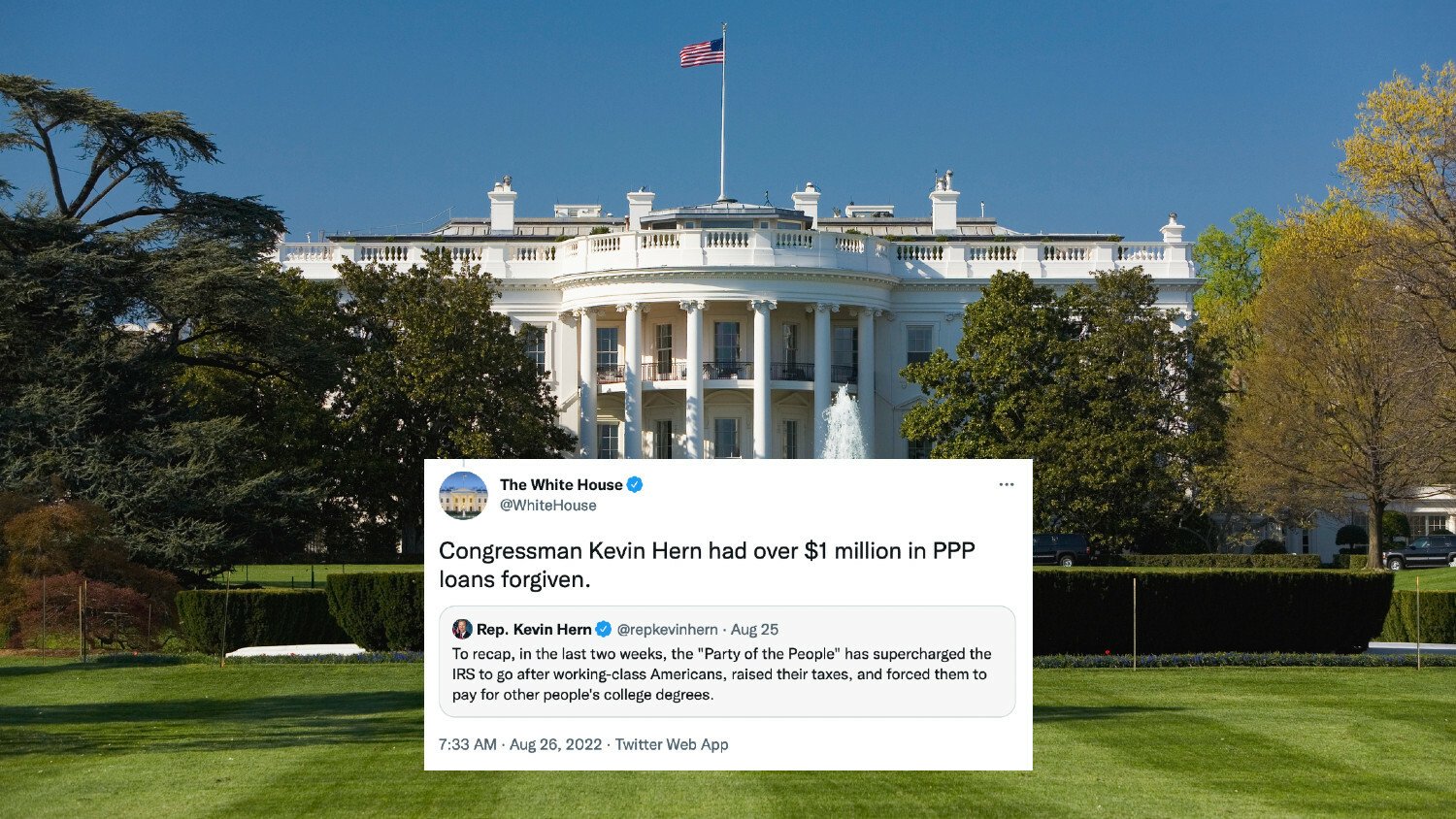 A photograph of the White House, overlaid with a tweet from the official White House account stating that 