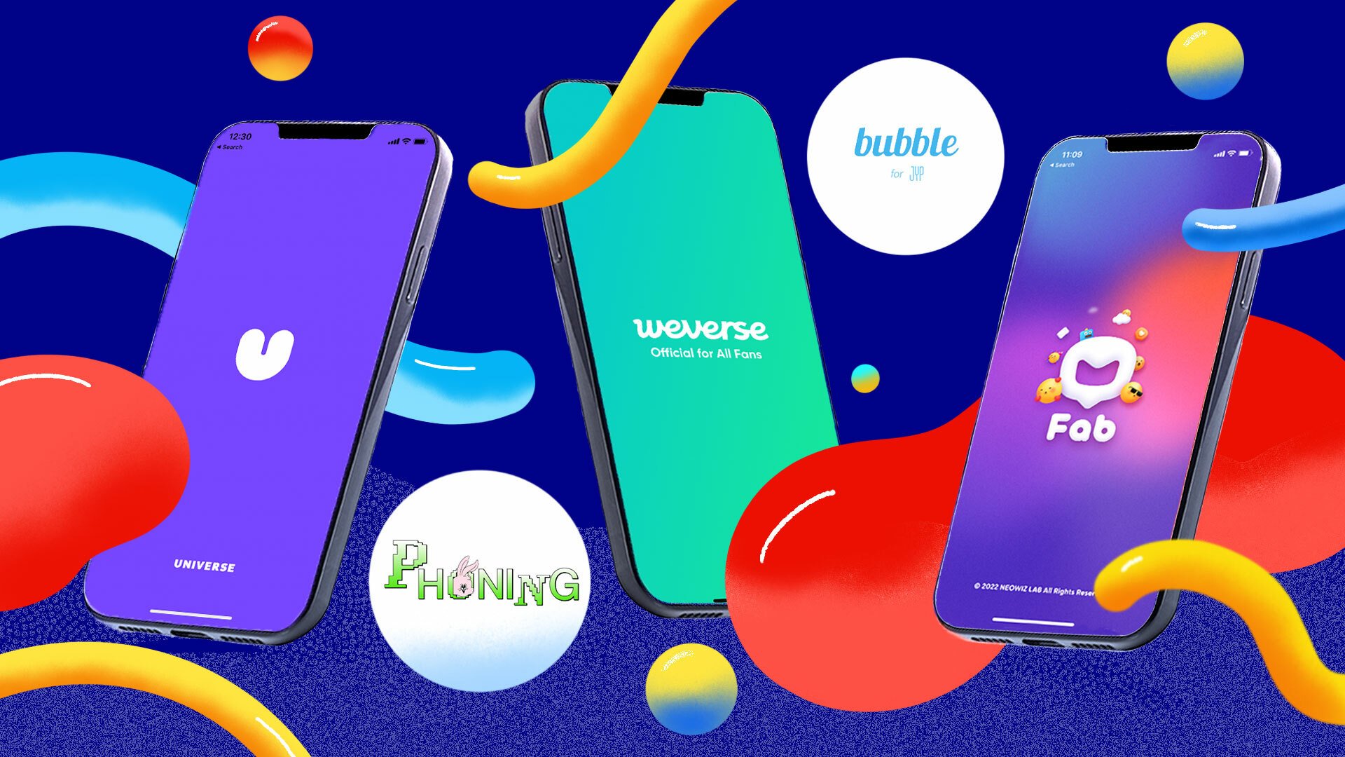 Three phone screens with the Universe, WeVerse, and Fab logos displayed (purple, green, and purple colors, respectively) surrounded by abstract shapes, including a bubble with the Bubble for JYP logo and another with the Phoning logo.