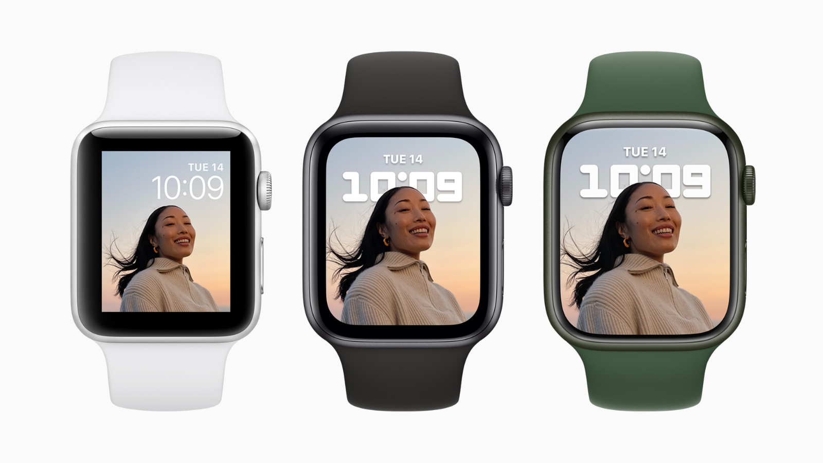 starlight, midnight, and green apple watches series 7 lined up next to each other