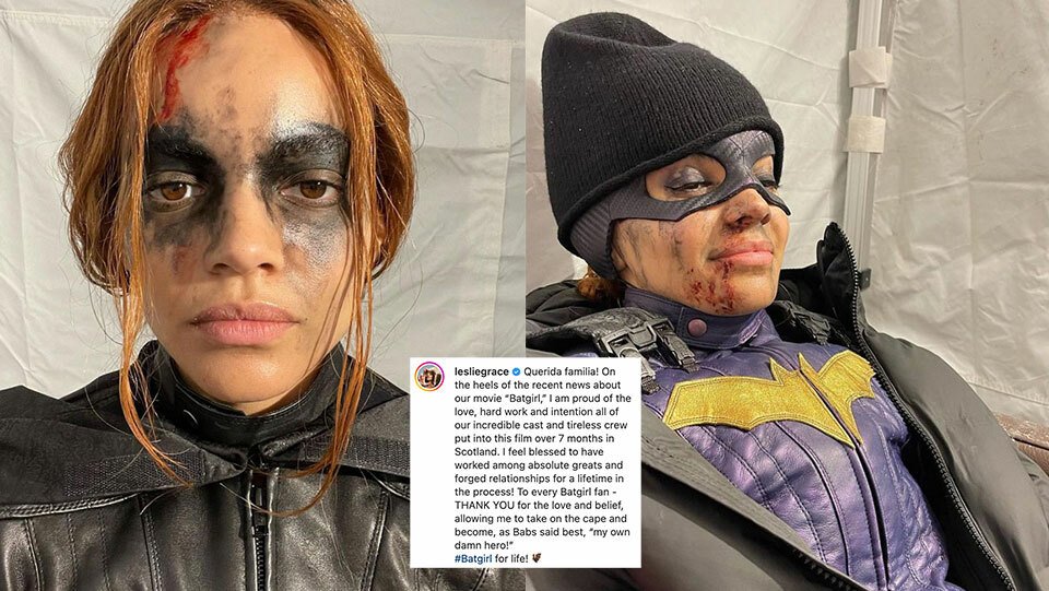 A woman in a superhero costume looks at the camera in a photo on the left; on the right, she sits in a chair looking off to the right.
