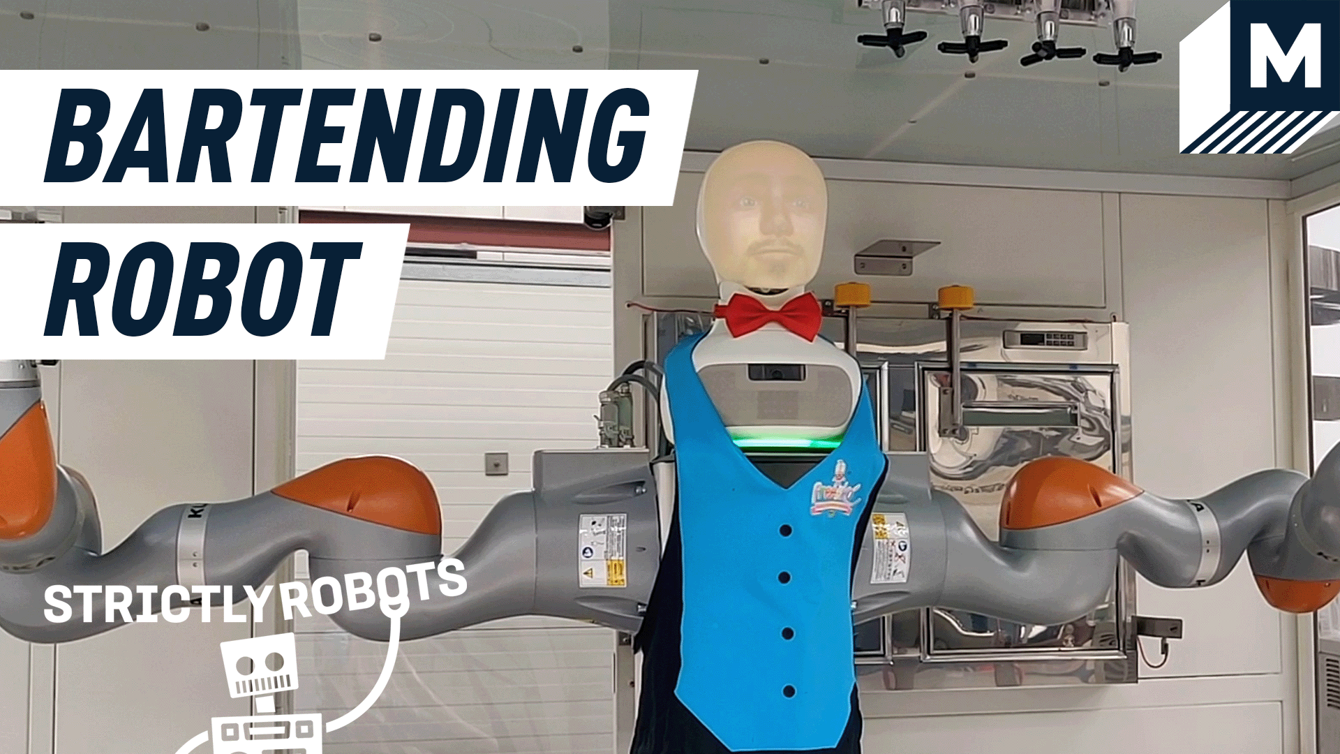 BRILLO the bartending robot equipped with an old school vest, a bowtie and a human-like face.
