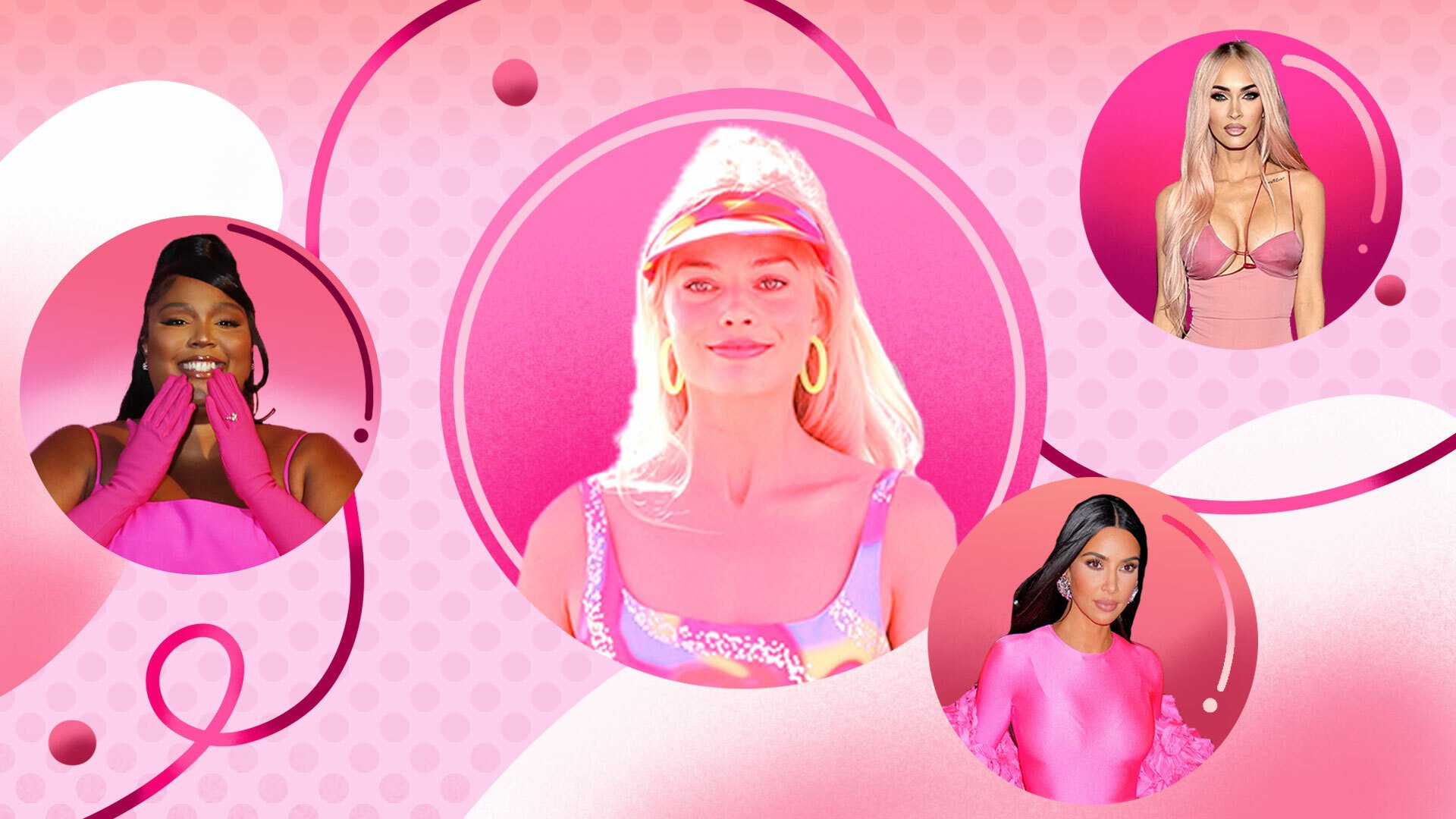 A pink background with circular pictures of Margot Robbie, Lizzo, Kim Kardashian, and Megan Fox.