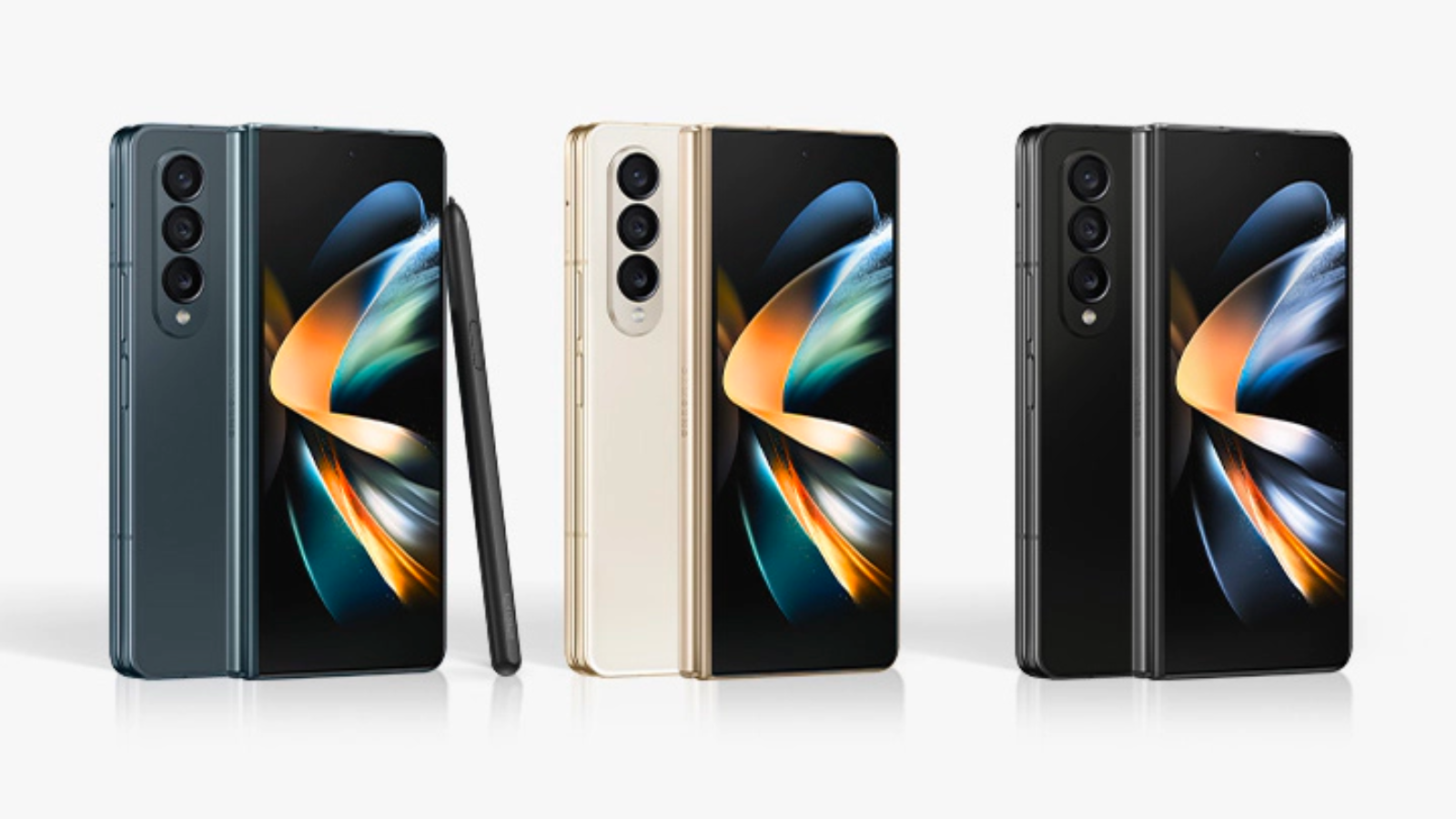 graygreen, beige, and phantom black versions of the samsung galaxy z fold 4 lined up next to each other