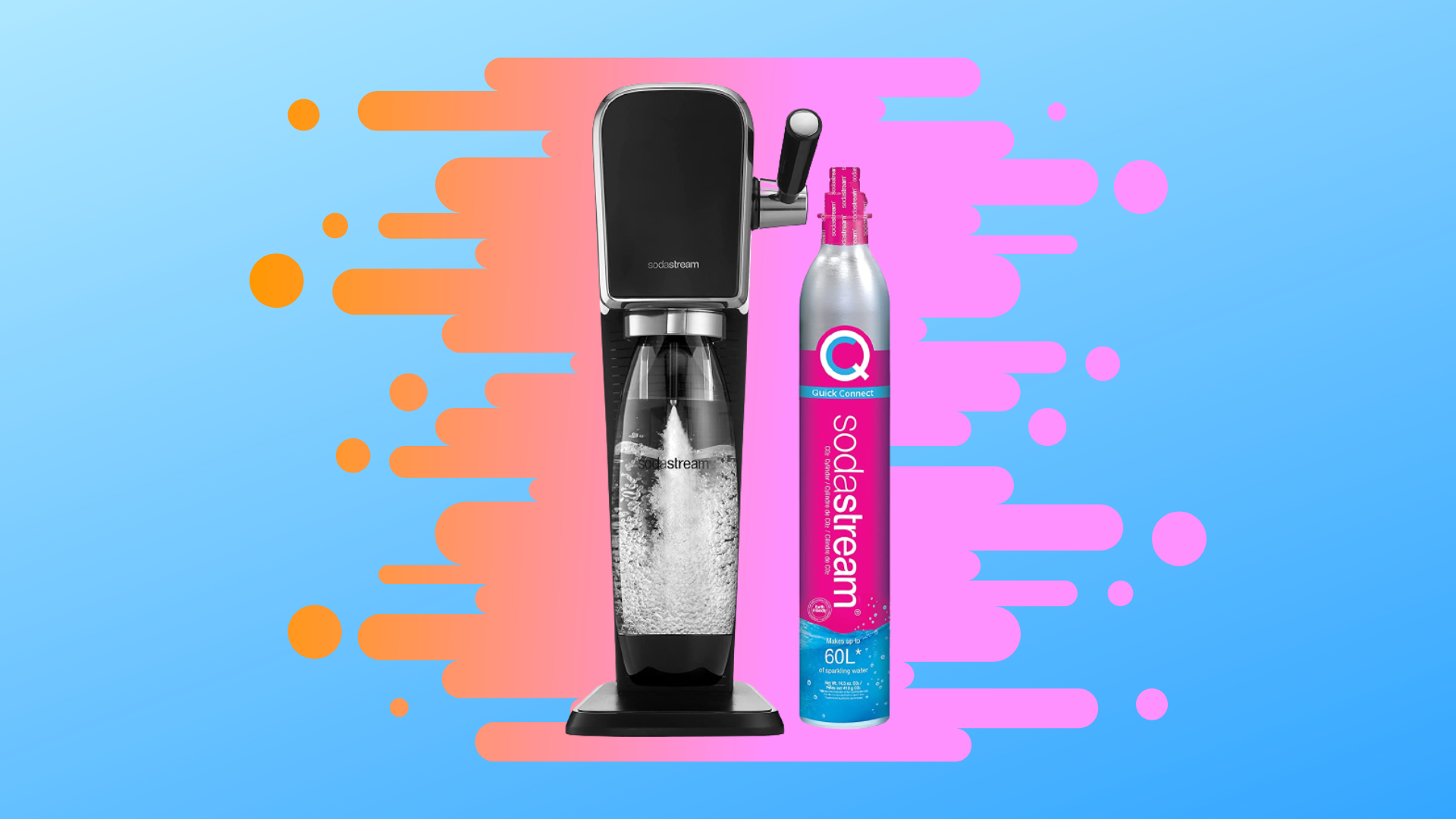 SodaStream Art sparkling water maker with CO2 bottle against blue and pink background. 
