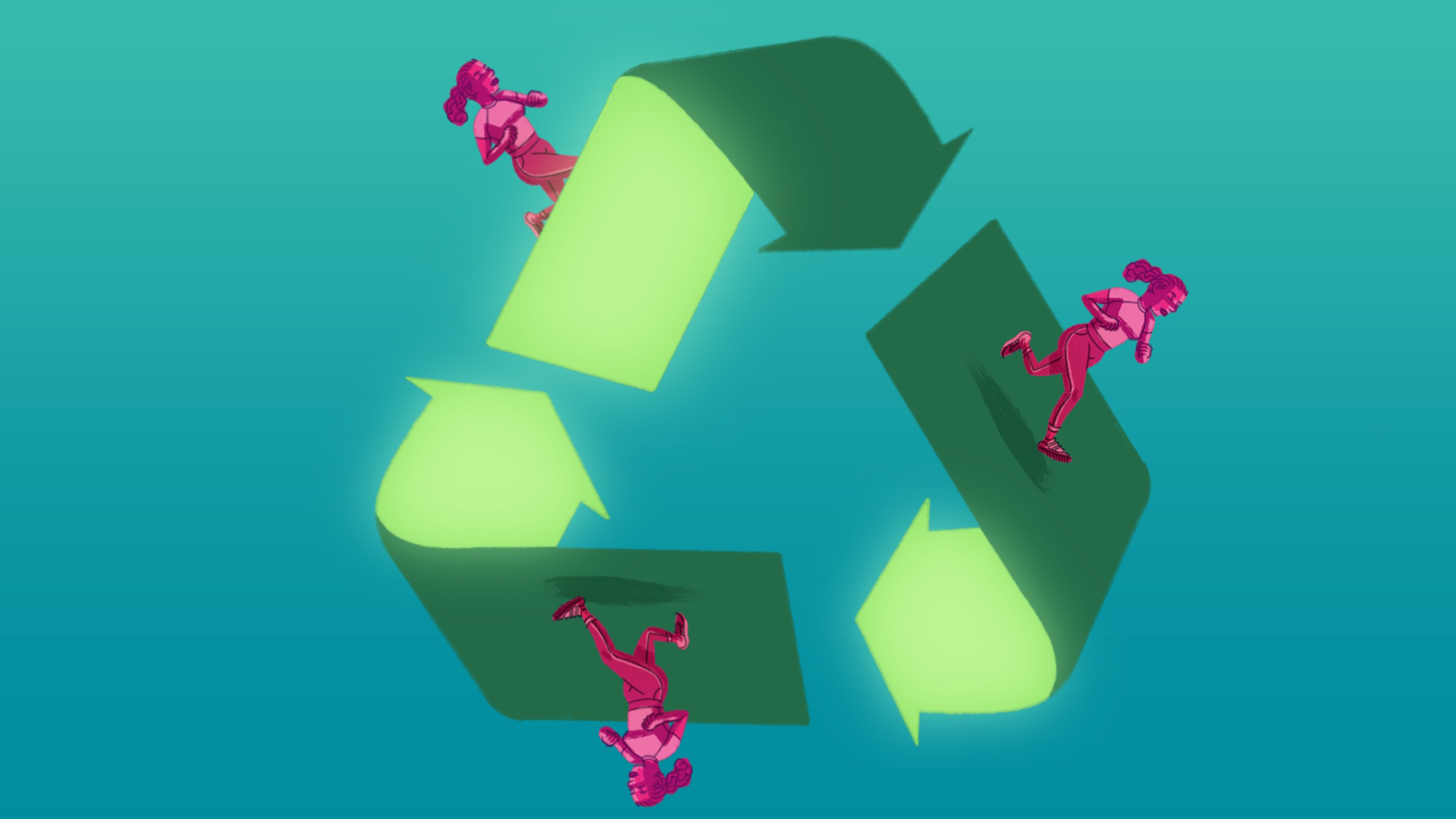 An illustration of a green recycling symbol on a blue background. A small human runs around the edge of the recycling symbol.