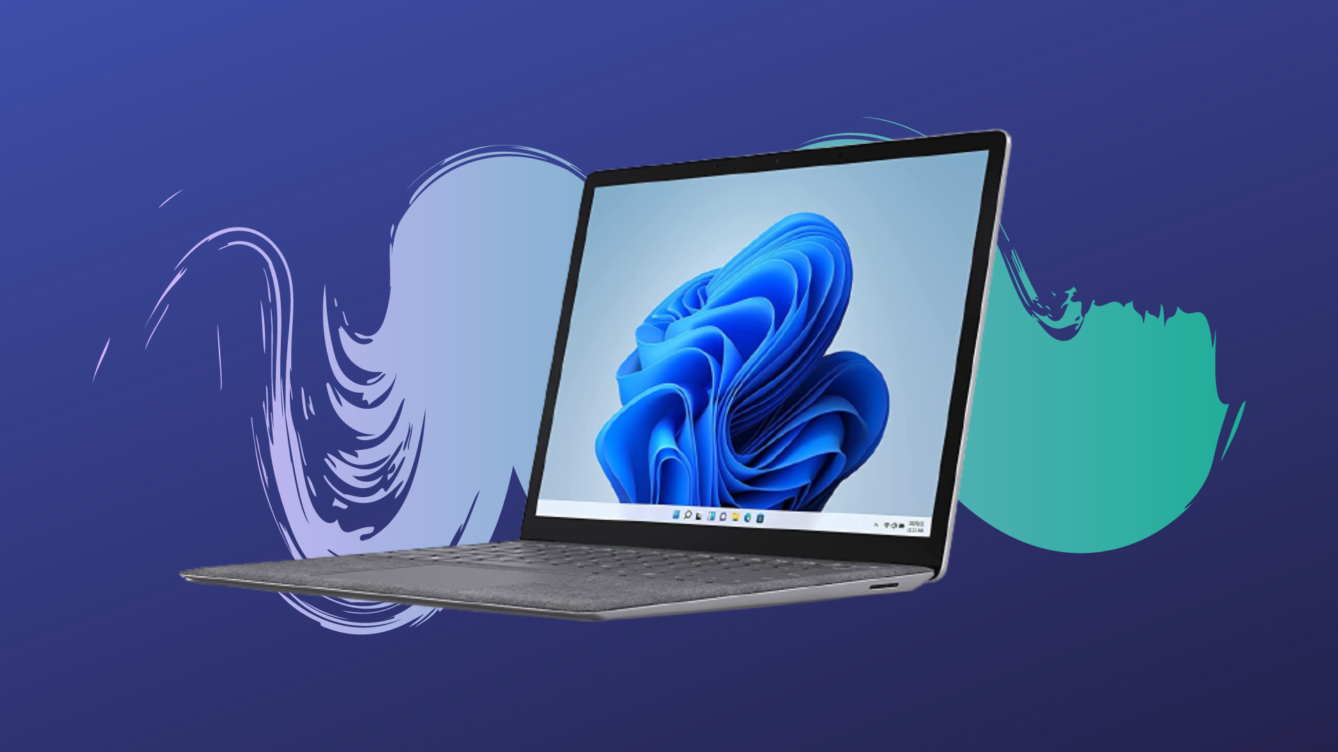 Microsoft Surface Laptop 4 with 13.5-inch touchscreen against a blue background. 