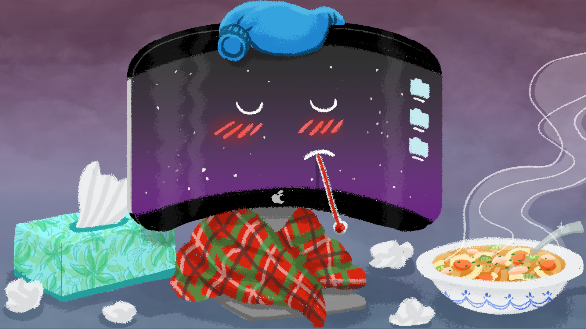 illustration of a sick macbook with soup and tissues