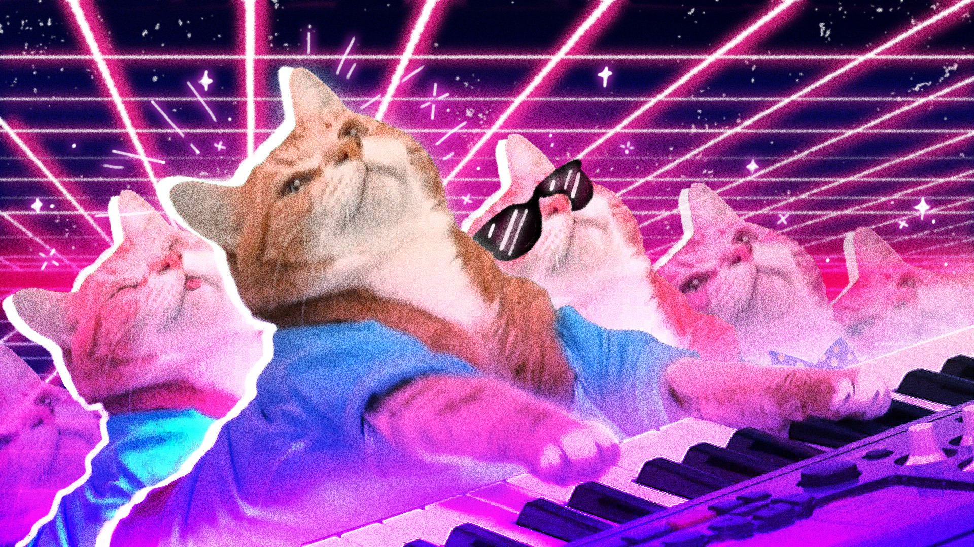 Keyboard cat sits at his piano in a blue shirt, surrounded by blue and pink galactic effects.