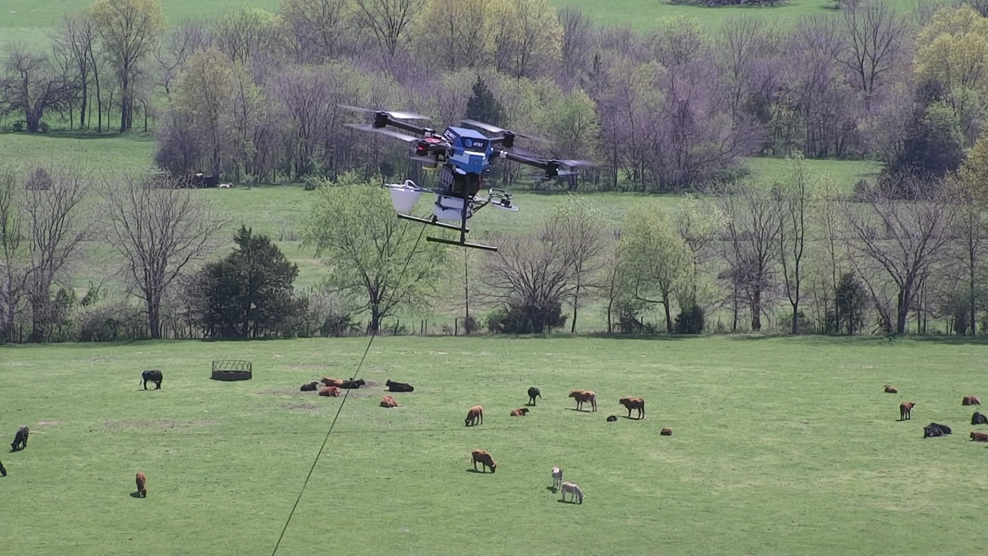 Image of AT&T 5G drone flying over a field of cows