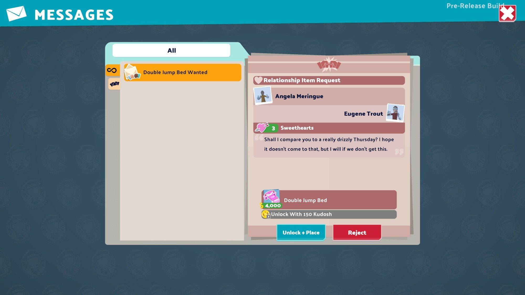 A screenshot of a student's request for a Double Jump Bed in "Two Point Campus."
