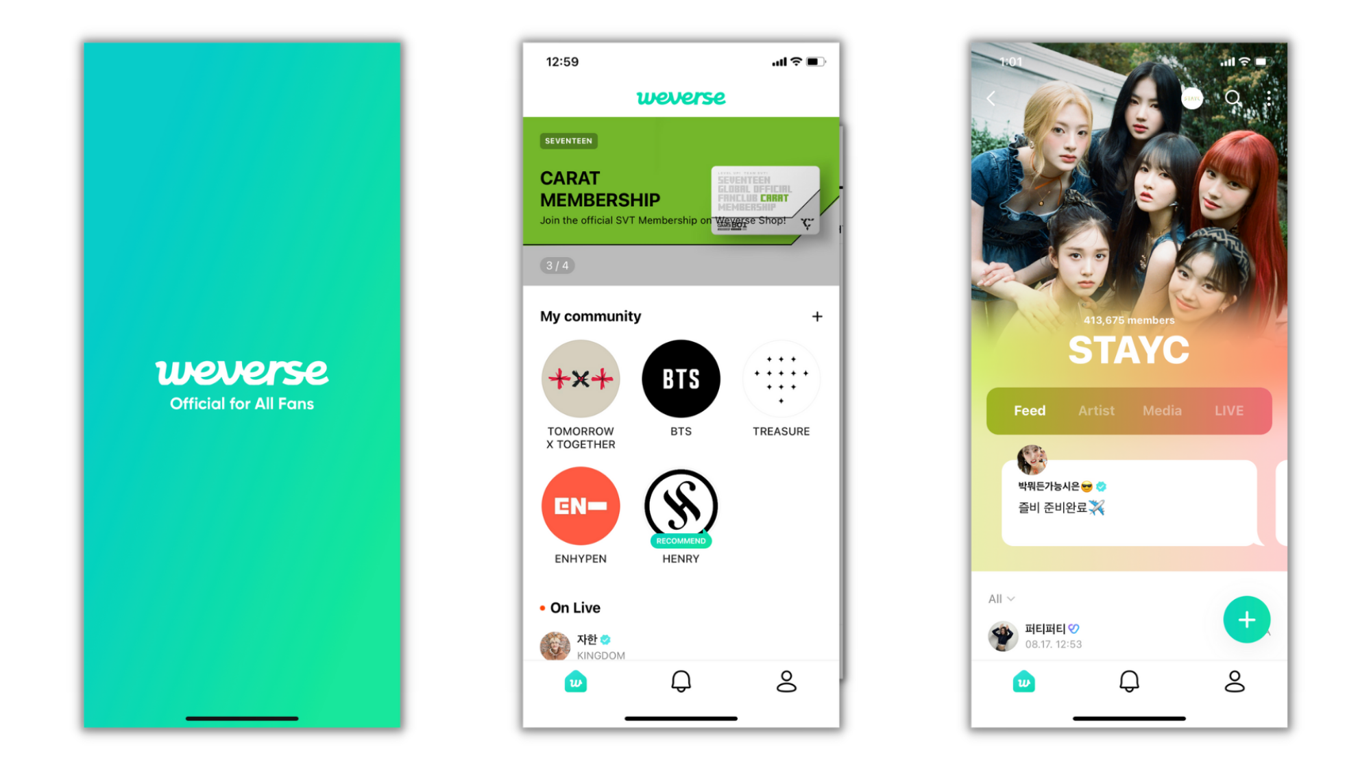 Three screenshots from the WeVerse app, including the green loading screen, home feed, and artists page for STAYC.